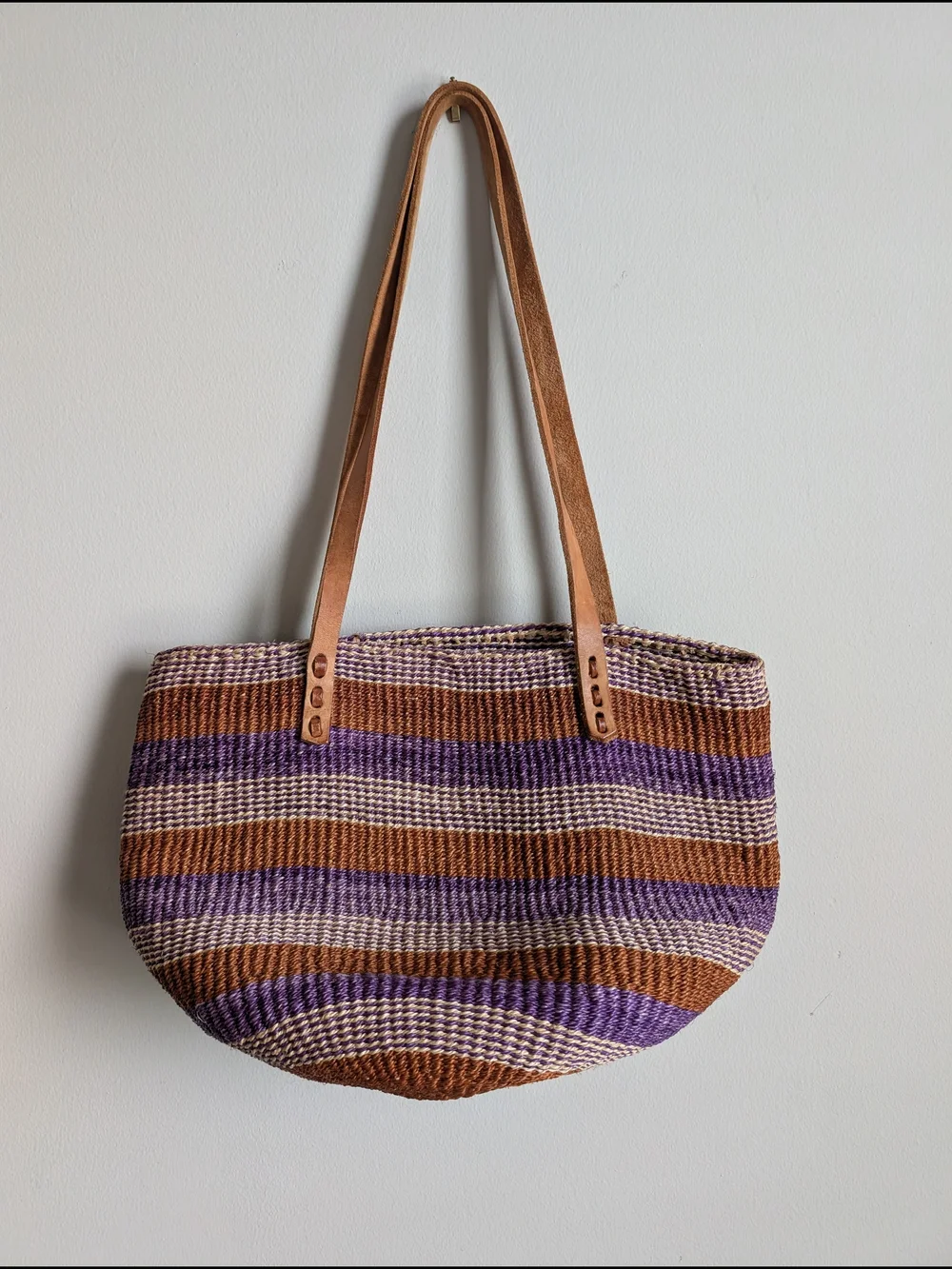 Sisal Kiondo Handwoven Stripe Summer Straw Tote Bag Brown/Purple leather Handle - Picture 1 of 9